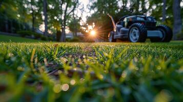 Lawn Mower on Lush Green Field photo