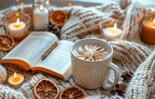 Cozy Winter Evening With a Warm Beverage and a Book photo