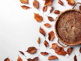 Wicker Bag With Autumn Leaves on a White Background photo