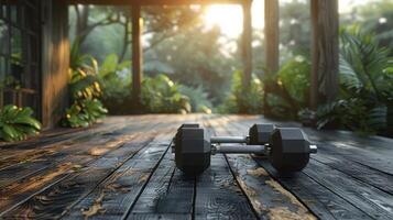 Dumbbells on Wooden Deck photo