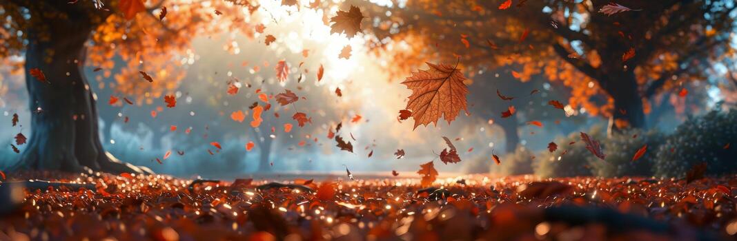 Autumn Leaves Falling in Sunlight on a Forest Floor photo