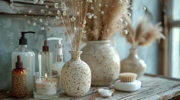 Table Displaying Vases With Assorted Items photo