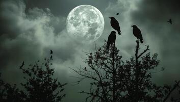 Full Moon Night Over Silhouetted Trees With Flying Birds photo