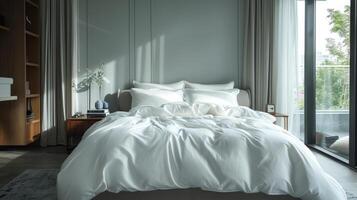 Bed With White Sheets and Pillows in Room photo