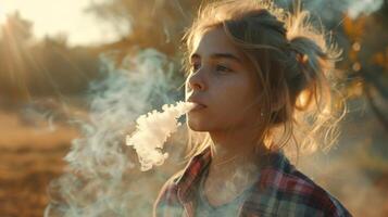 Young Girl Smoking Cigarette in Field photo