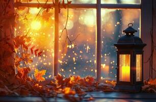 Autumn Window With Lantern and Fallen Leaves in Golden Hour Light photo