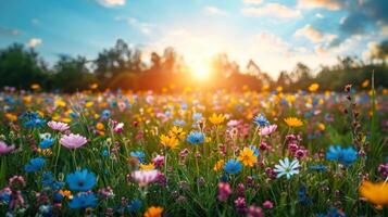 Colorful Flowers in Field Under Blue Sky photo