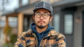 Man With Glasses and Hat Standing in Front of Store photo