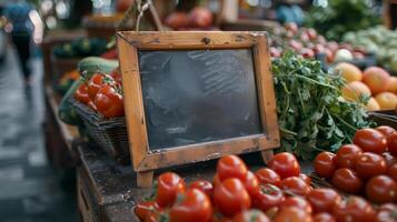 Table With Chalkboard and Various Vegetables photo