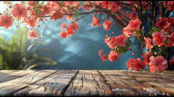 Wooden Table Topped With Pink Flowers photo