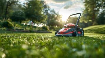Lawn Mower on Lush Green Field photo
