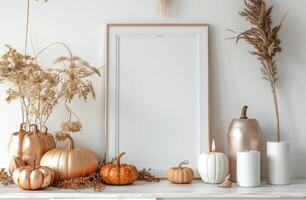White Framed Canvas Mockup With Pumpkins and Dried Flowers on Mantel photo
