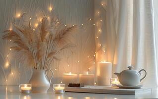 White Teapot and Candles on White Table With Dried Pampas Grass photo