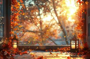 Autumn Window With Lantern and Fallen Leaves in Golden Hour Light photo