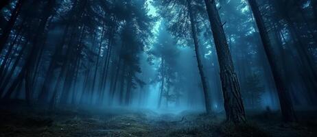 Ethereal Blue Light Illuminates Misty Forest at Night photo