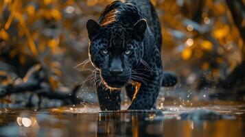 Large Leopard Walking Across River Near Forest photo