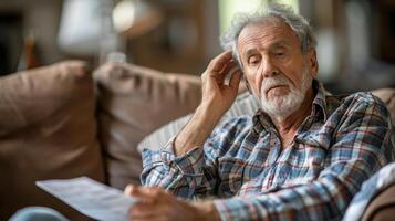 Old Man Studying Document at Table photo
