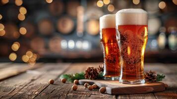 Two Glasses of Beer on Wooden Table photo