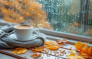 Cozy Winter Window With a Cup of Coffee and String Lights photo