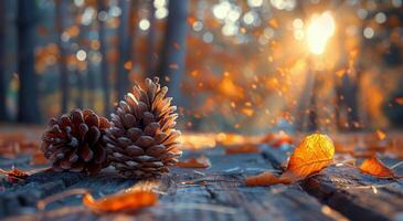 Two Pine Cones on Wooden Surface With Autumn Leaves in Sunlight photo