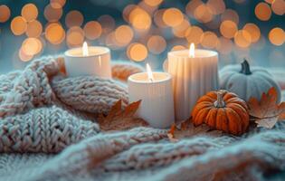 Cozy Autumn Scene With Lit Candles and Pumpkins on Knit Blanket photo