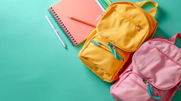 Three Backpacks and Notebook on Green Background photo