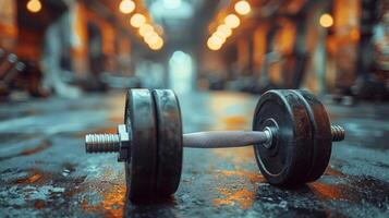 Two Dumbbells Resting on Wooden Floor photo