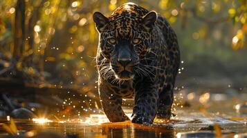 Large Leopard Walking Across River Near Forest photo