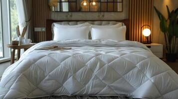 Cozy Bed With White Comforter and Christmas Tree Background photo