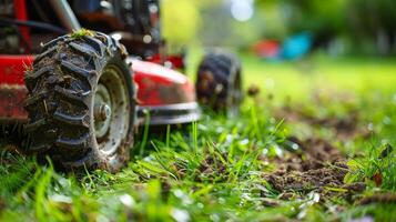 Red Lawn Mower on Lush Green Field photo