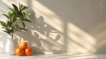 White Vase With Oranges on Table photo