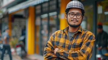 Man With Glasses and Hat Standing in Front of Store photo