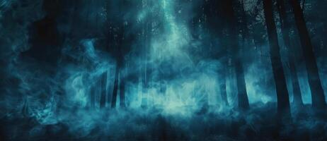 Ethereal Blue Light Illuminates Misty Forest at Night photo