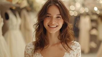 Woman Standing in Front of Wedding Dresses photo