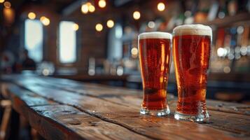 Two Glasses of Beer on Wooden Table photo