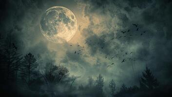 Full Moon Night Over Silhouetted Trees With Flying Birds photo