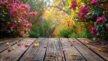 Wooden Table With Background Lights photo