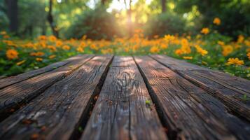 Wooden Table With Background Lights photo