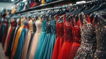 Row of Dresses Hanging on Rack photo