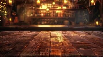 Wooden Table With Lights in Background photo