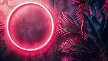 Pink Neon Circle Surrounded by Palm Leaves photo