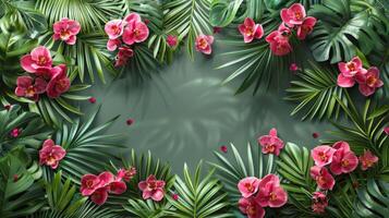 Pink Orchids and Palm Leaves on Pink Background photo