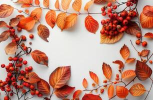 Autumn Leaves and Berries Frame on White Background photo
