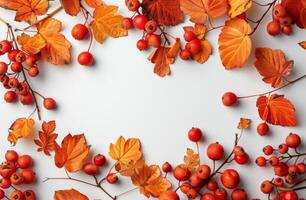 Autumn Leaves and Berries Frame on White Background photo