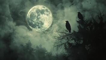 Full Moon Night Over Silhouetted Trees With Flying Birds photo