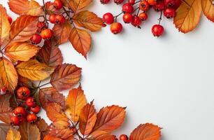 Autumn Leaves and Berries Frame on White Background photo