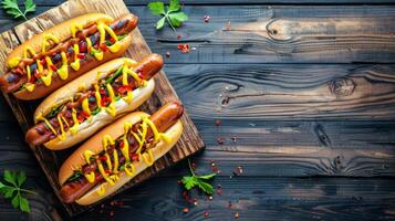 Three Hot Dogs With Mustard and Ketchup on Cutting Board photo