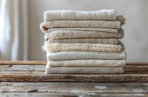 Stack of Knitted Blankets on a Wooden Table Near a Window photo