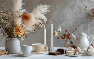 White Teapot and Candles on White Table With Dried Pampas Grass photo