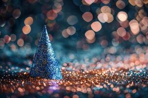 Blue Glitter Party Hat On Sparkling Background photo